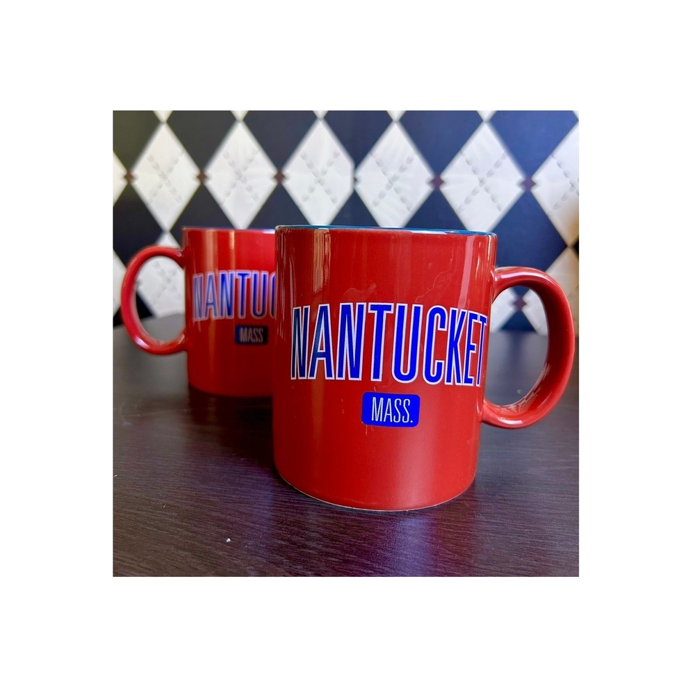 Nantucket Mass Red Blue Ceramic Coffee Mug Set of 2 Blue Interior Souvenir Mugs